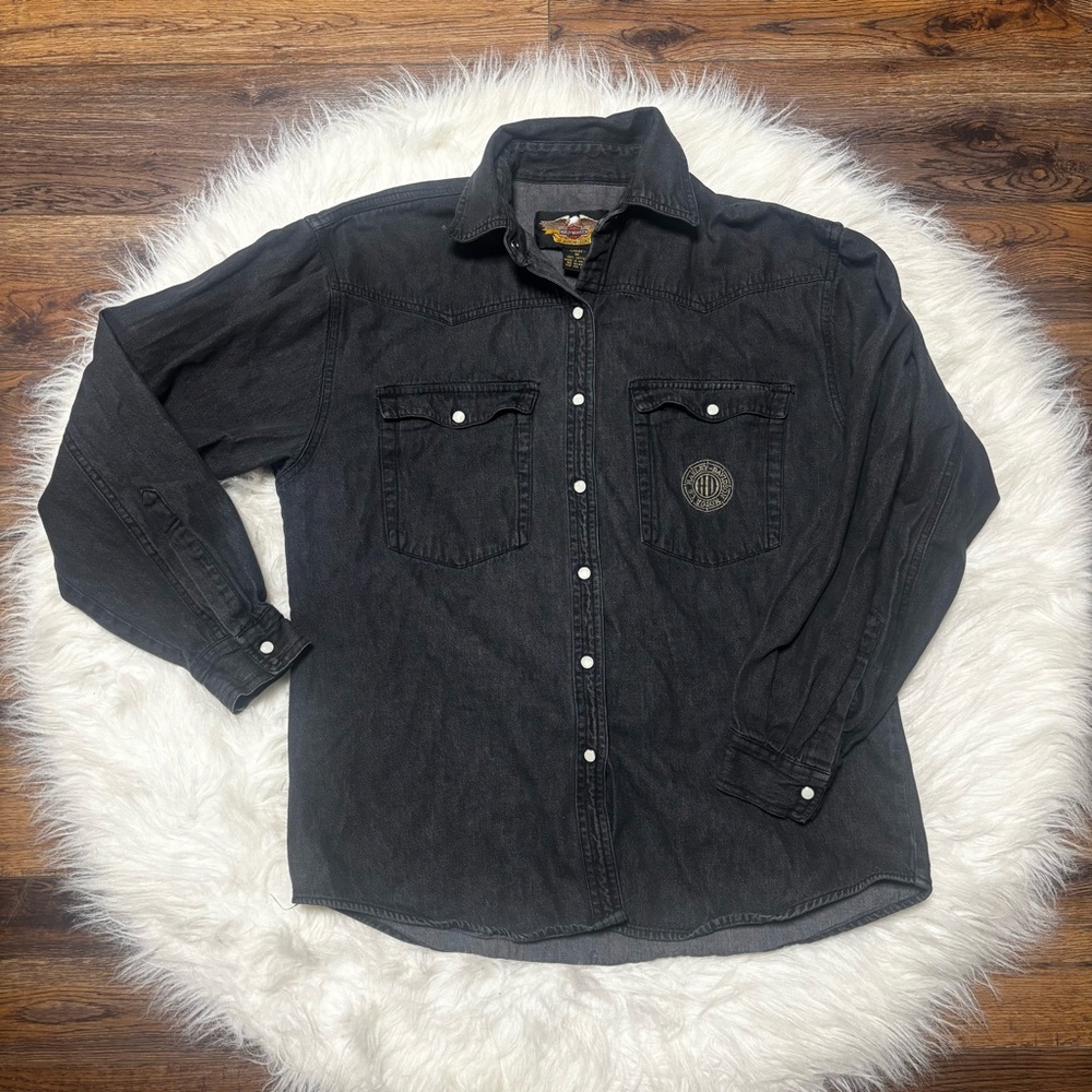 VTG Harley Davidson Black Denim Western Pearl Snap Button Up Shirt size Medium